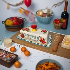 Pioneer Woman Ceramic Butter Dish Floral Red Knob Kitchenware